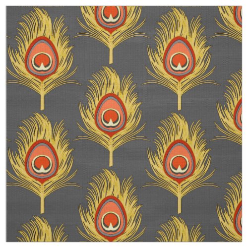 Peacock Feathers Mustard Yellow on Gray  Grey Fabric