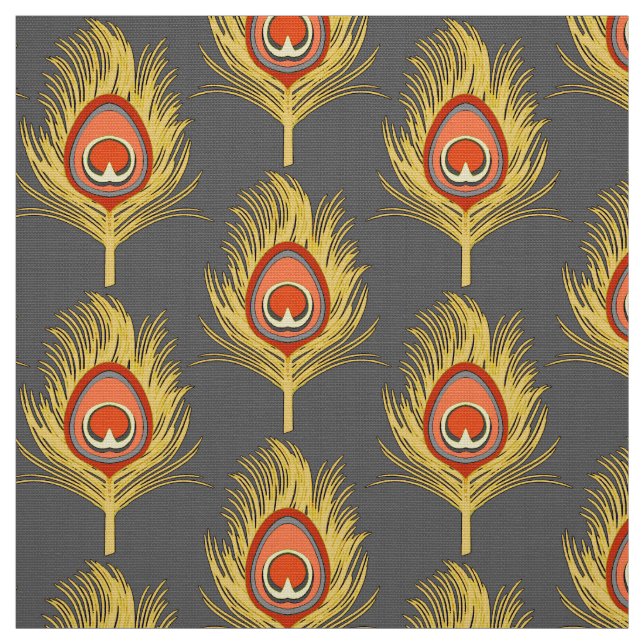 Peacock Feathers, Mustard Yellow on Gray / Grey Fabric (Swatch)