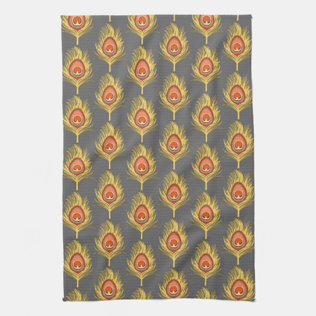Peacock Feathers, Mustard Yellow on Gray / Grey Kitchen Towel (Vertical)