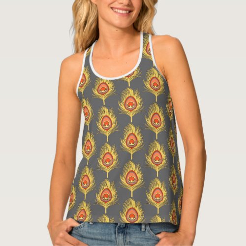 Peacock Feathers Mustard Yellow on Gray  Grey Tank Top