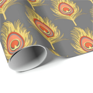 Peacock Feathers, Mustard Yellow on Gray / Grey Wrapping Paper