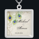 Peacock Feathers n Swirls Wedding or Anniversary Silver Plated Necklace<br><div class="desc">This is a contemporary,  sophisticated design featuring stylized,  hand watercolored Peacock feathers,  on a handpainted lace and parchment background. YOU MIGHT ALSO ENJOY:COMPLETE COLLECTION AT:http://www.zazzle.com/audreyjeanne/gifts?cg=196290129138184832  INVITATIONS: 



 



 RSVP RESPONSE CARD: 



 RECEPTION: 



 ORNAMENTS: 



 BRIDAL JEWELRY,  NECKLACE: 



 IPAD: 



 IPHONE CASE:</div>