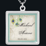 Peacock Feathers n Swirls Wedding or Anniversary Silver Plated Necklace<br><div class="desc">This is a contemporary,  sophisticated design featuring stylized,  hand watercolored Peacock feathers,  on a handpainted lace and parchment background. YOU MIGHT ALSO ENJOY:COMPLETE COLLECTION AT:http://www.zazzle.com/audreyjeanne/gifts?cg=196290129138184832  INVITATIONS: 



 



 RSVP RESPONSE CARD: 



 RECEPTION: 



 ORNAMENTS: 



 BRIDAL JEWELRY,  NECKLACE: 



 IPAD: 



 IPHONE CASE:</div>