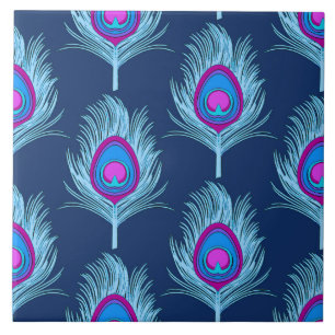 Peacock Feathers, Navy and Pastel Blue Ceramic Tile