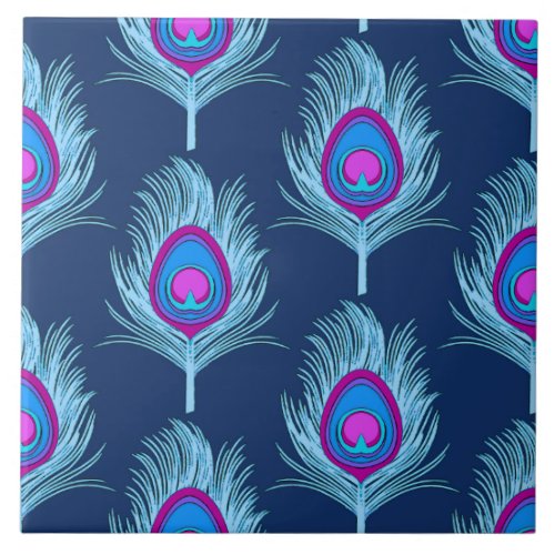Peacock Feathers Navy and Pastel Blue Ceramic Tile