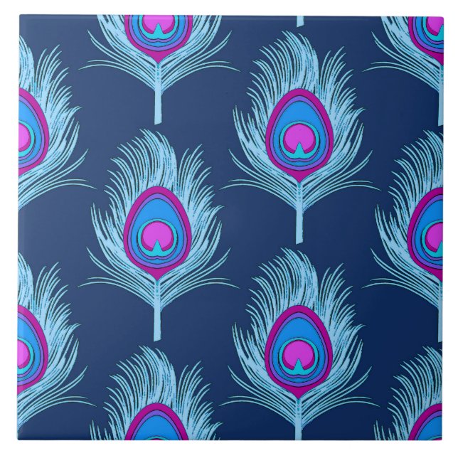 Peacock Feathers, Navy and Pastel Blue Ceramic Tile (Front)
