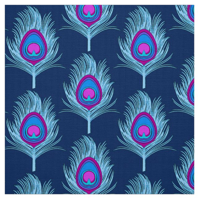 Peacock Feathers, Navy and Pastel Blue Fabric (Swatch)