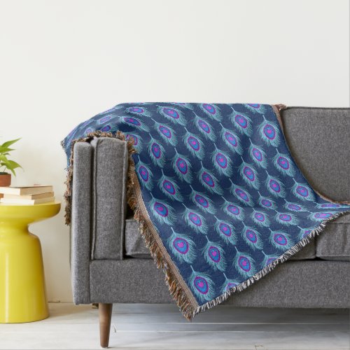 Peacock Feathers Navy and Pastel Blue Throw Blanket