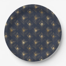 Peacock Feathers Navy Blue Gold Print Stylish