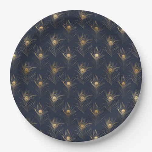 Peacock Feathers Navy Blue Gold Print Stylish Paper Plates