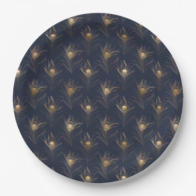 Peacock Feathers Navy Blue Gold Print Stylish Paper Plates (Front)