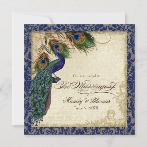 Peacock  Feathers Navy Blue Lace Wedding Square Invitation