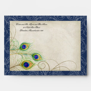 Peacock Feathers Navy Blue Wedding Invitation 5x7 Envelope