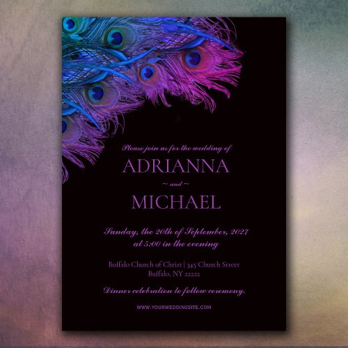 Peacock Feathers on Black Wedding Invitation