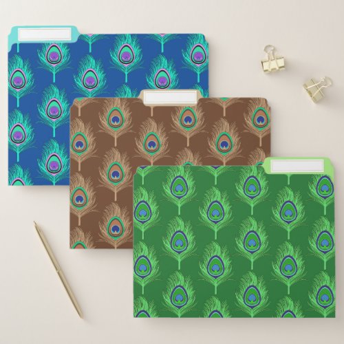 Peacock Feathers on Blue Brown and Emerald Green File Folder