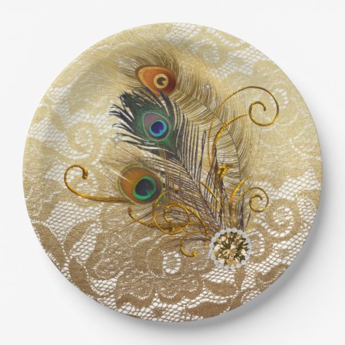Peacock Feathers on Gold Lace Paper Plates
