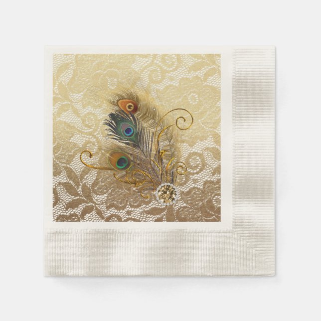 Peacock Feathers on Gold Lace Paper Plates Napkins (Front)
