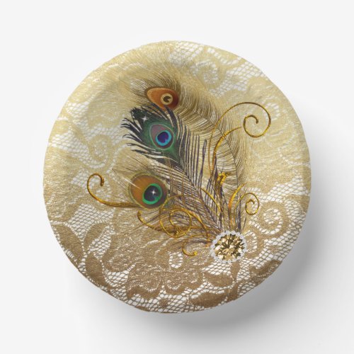 Peacock Feathers on Gold Lace Paper Plates Paper Bowls