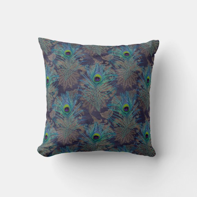 Peacock Feathers on Purple Throw Pillow (Front)