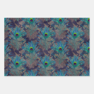 Peacock Feathers on Purple Wrapping Paper Sheets