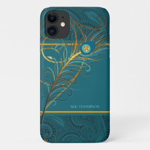 Peacock Feathers on Teal Paisley iPhone 11 Case