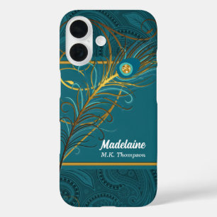 Peacock Feathers on Teal Paisley iPhone 16 Case