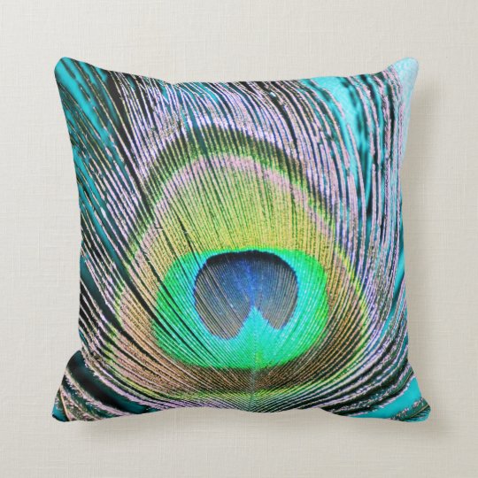 Peacock Feathers on turquoise Throw Pillow