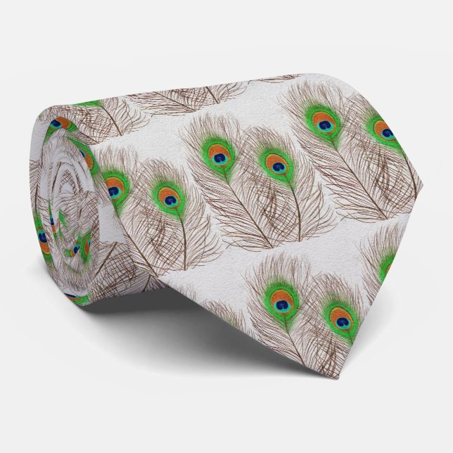 Peacock Feathers on White  Neck Tie (Rolled)