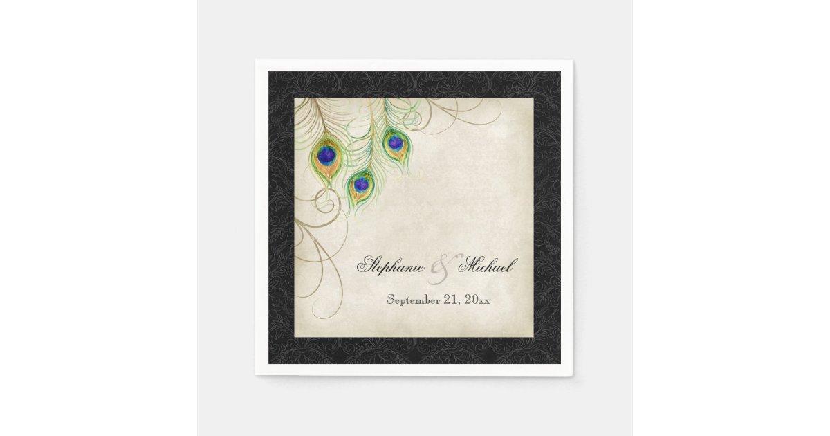 Peacock Feathers Parchment Wedding Reception Decor Paper Napkin