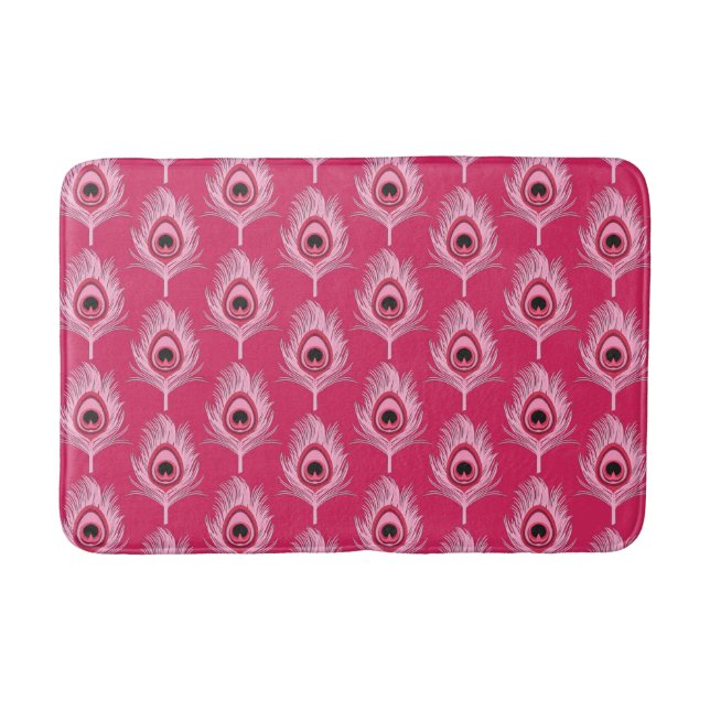 Peacock Feathers, Pastel Pink on Fuchsia Pink Bath Mat (Front)