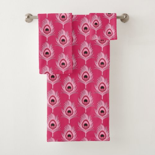 Peacock Feathers Pastel Pink on Fuchsia Pink  Bath Towel Set