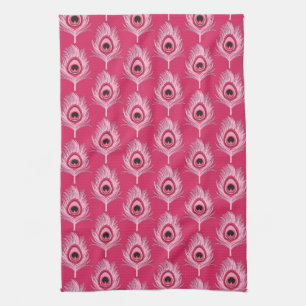 Peacock Feathers, Pastel Pink on Fuchsia Pink Kitchen Towel