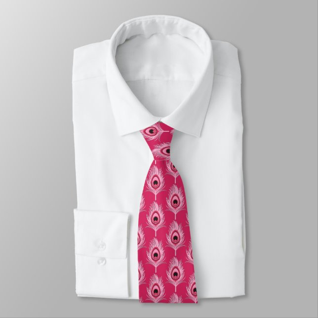 Peacock Feathers, Pastel Pink on Fuchsia Pink Neck Tie (Tied)