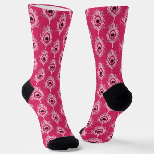 Peacock Feathers Pastel Pink on Fuchsia Pink  Socks