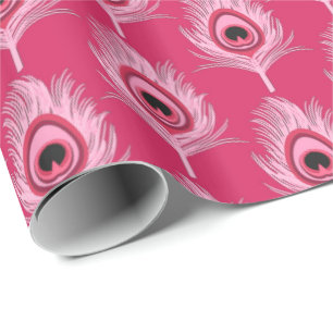 Peacock Feathers, Pastel Pink on Fuchsia Pink Wrapping Paper