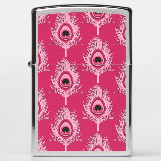 Peacock Feathers, Pastel Pink on Fuchsia Pink Zippo Lighter (Front)