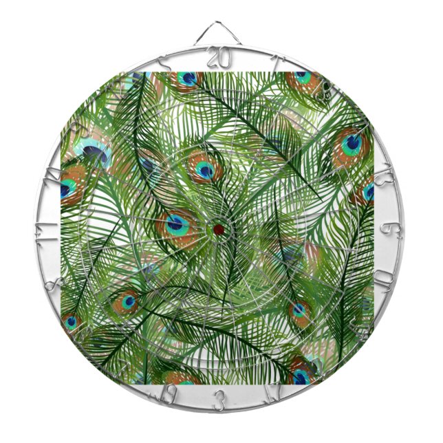 Peacock feathers pattern dartboard with darts (Front)