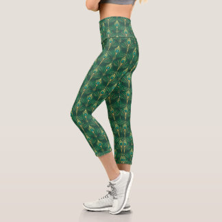 Peacock Feathers Pattern in Emerald Green and Gold Capri Leggings