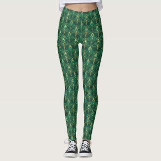 Peacock Feathers Pattern in Emerald Green and Gold Leggings