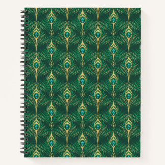 Peacock Feathers Pattern in Emerald Green and Gold Notebook