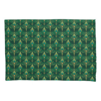 Peacock Feathers Pattern in Emerald Green and Gold Pillow Case
