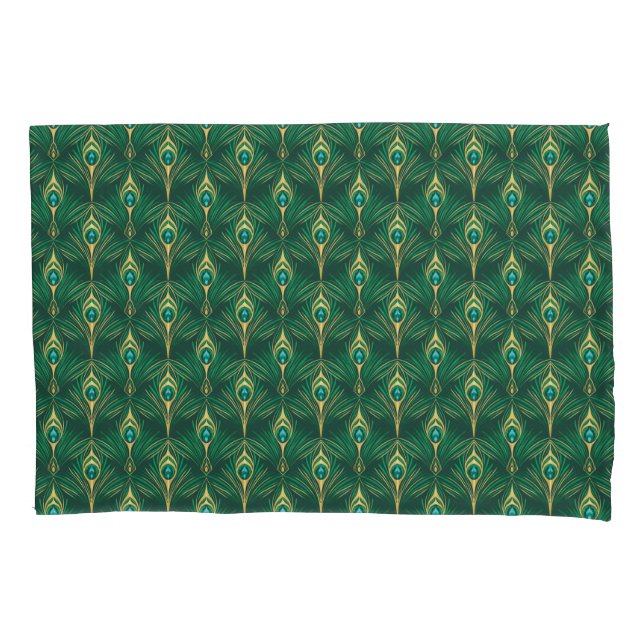 Peacock Feathers Pattern in Emerald Green and Gold Pillow Case (Front)