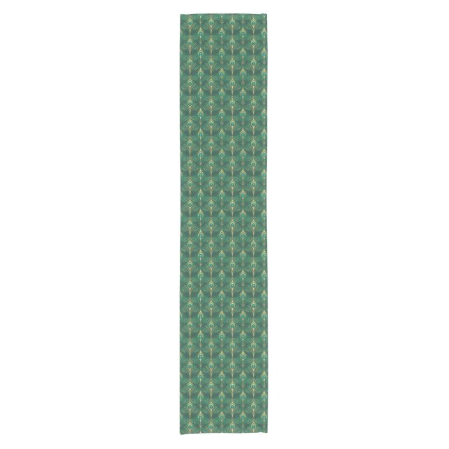 Peacock Feathers Pattern in Emerald Green and Gold Short Table Runner (Front)