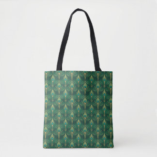 Peacock Feathers Pattern in Emerald Green and Gold Tote Bag