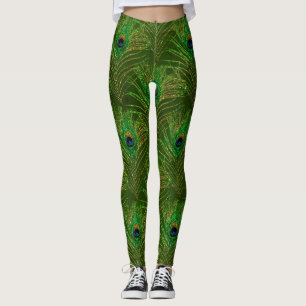 Peacock Feathers Peacocks Green Gold Glitter Leggings