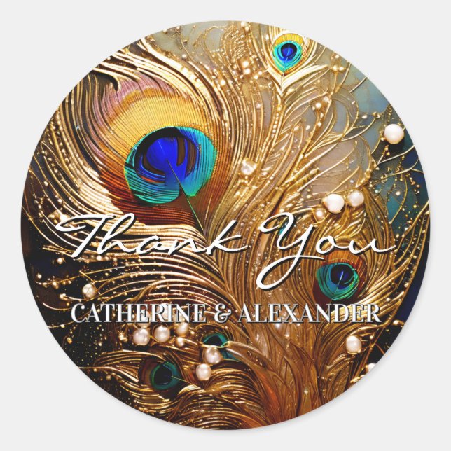 Peacock feathers pearls luxury elegant plumes classic round sticker (Front)