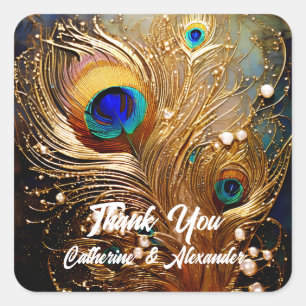 Peacock feathers pearls luxury elegant plumes square sticker