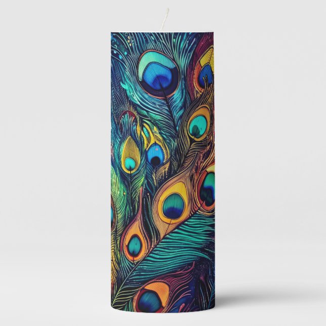 Peacock Feathers  Pillar Candle (Front)