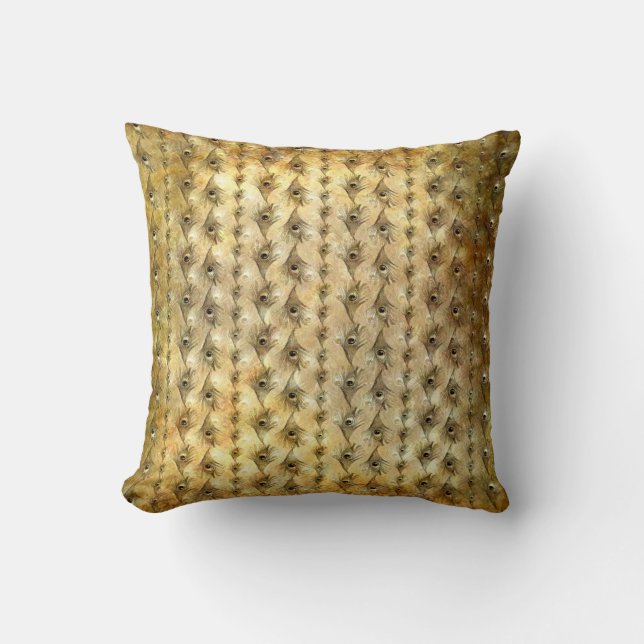 Peacock Feathers Pillow Shades of Gold (Front)