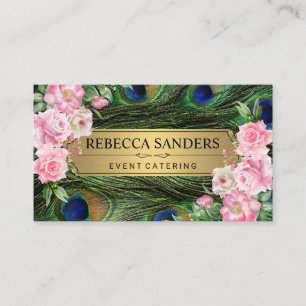 Peacock Feathers Pink Flowers Business Card